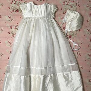 Christening Gown and Hat New Vintage Baptism Dress Silk and Organdy NWOT